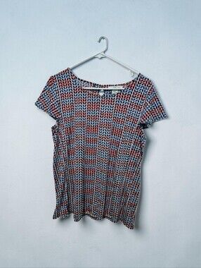 Liz Claiborne Womens Short Sleeve Top Size Large Red Blue Abstract Print Stretch